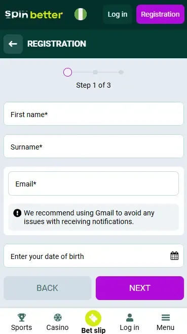 Spinbetter Nigeria Registration via Email