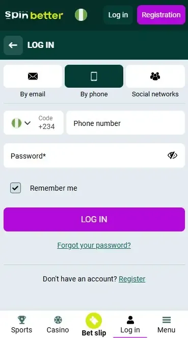 Spinbetter Nigeria Login via Phone Number