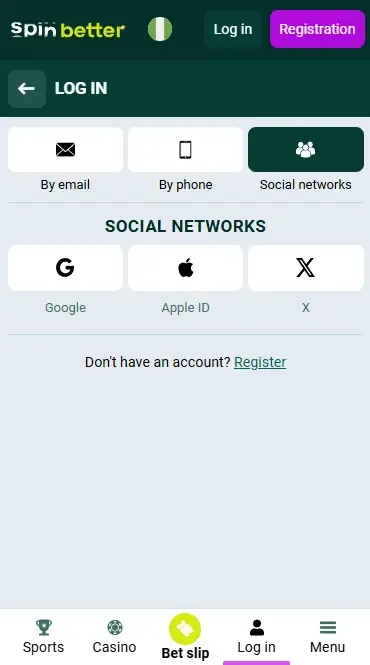 Spinbetter Nigeria Login via Social Networks