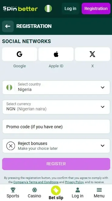 Spinbetter Nigeria Registration via Social Nets
