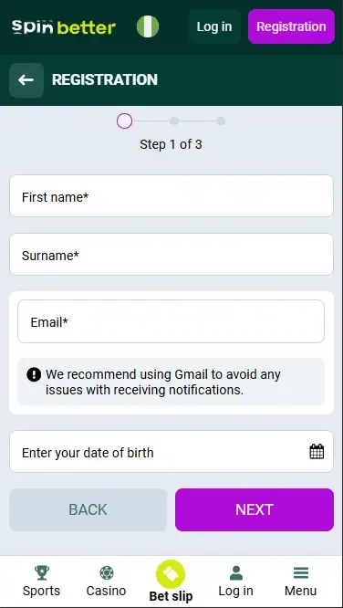 Spinbetter Email Registration in Nigeria