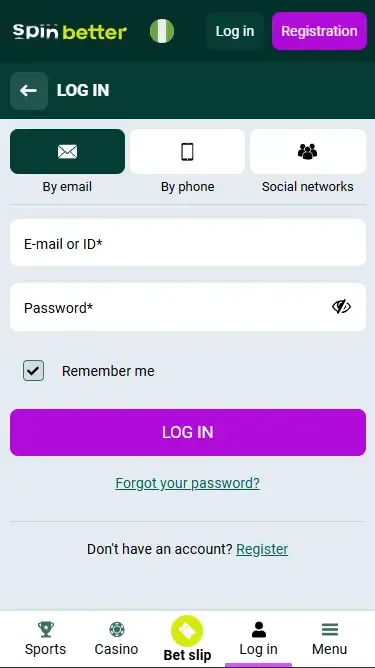 Spinbetter Nigeria Login via Email