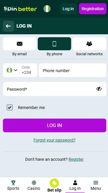 Spinbetter Nigeria Login via Phone Number
