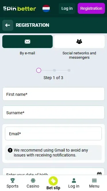 Spinbetter Netherlands Registration via Email