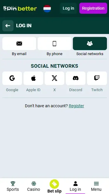 Spinbetter NL Login via Social Networks