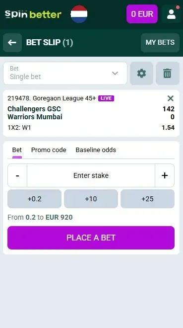 Spinbetter Netherlands: Cricket Bet Slip