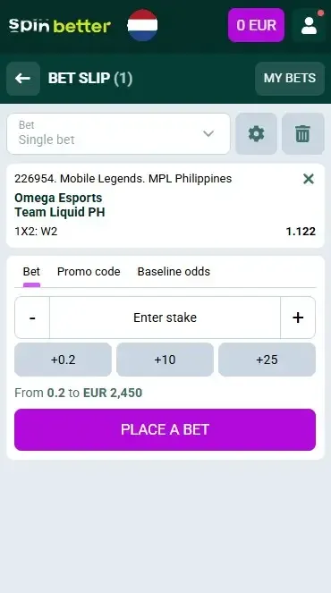 Spinbetter Netherlands: Esport Bet Slip