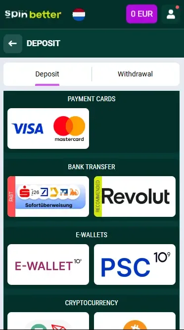 Spinbetter Netherlands: Deposit Options