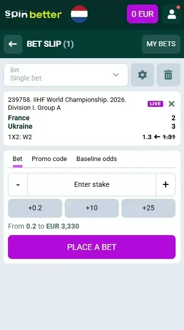 Spinbetter Netherlands Hockey Bet Slip