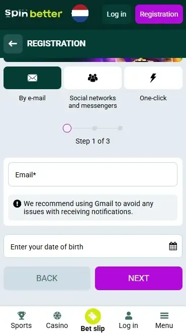 Spinbetter Netherlands Registration via Email