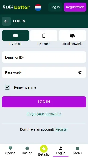 Spinbetter Netherlands Login via Email