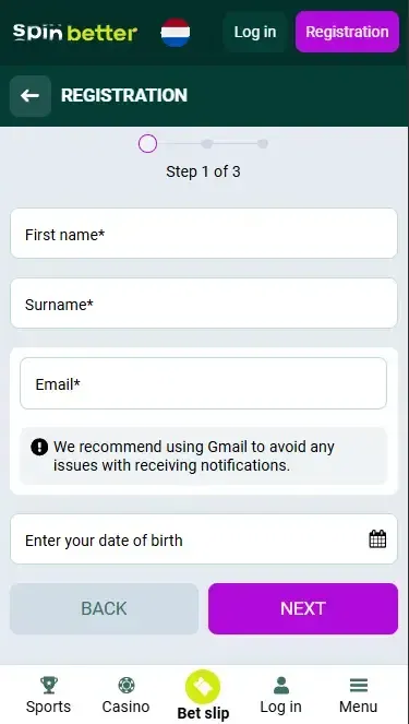 Spinbetter Netherlands Registration via Email