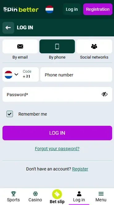 Spinbetter Netherlands Login via Phone Number
