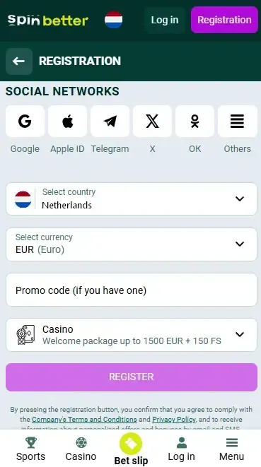Spinbetter Netherlands Registration via Social Networks