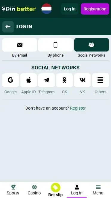 Spinbetter Netherlands: Log in via Social Networks