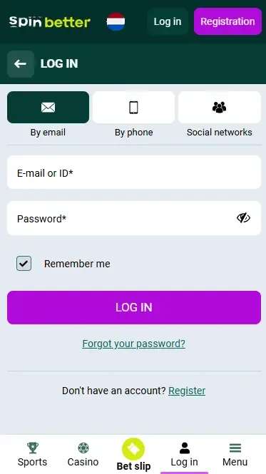 Spinbetter Netherlands Login via Email