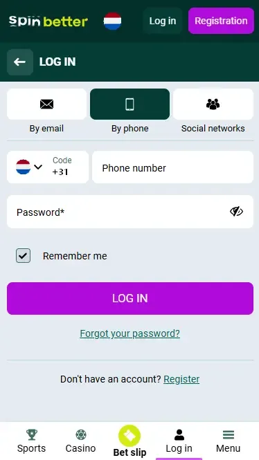 Spinbetter Netherlands Login via Phone Number