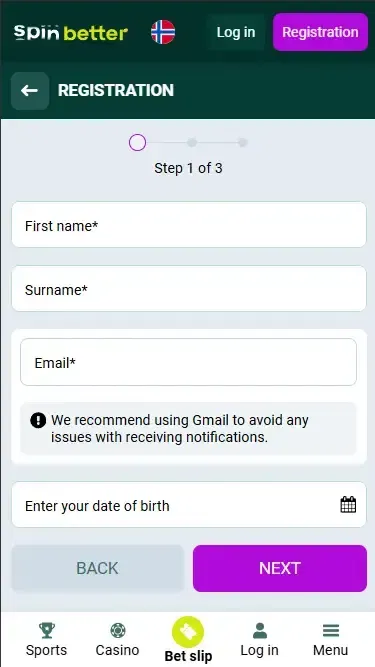 Spinbetter Norway Registration via Email
