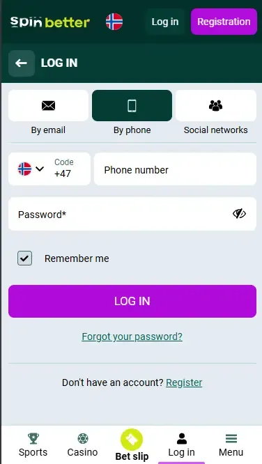 Spinbetter Norway Login via Phone Number