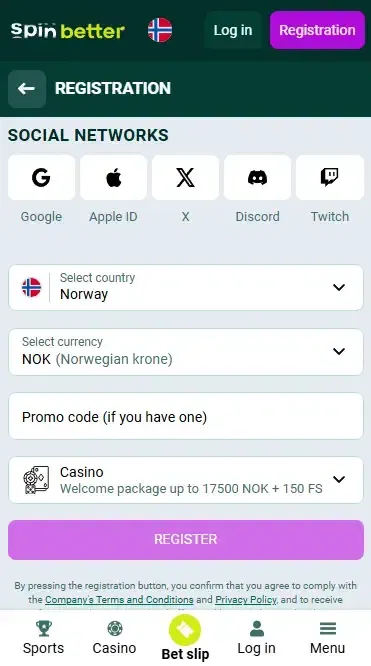 Spinbetter Norway Registration via Social Nets