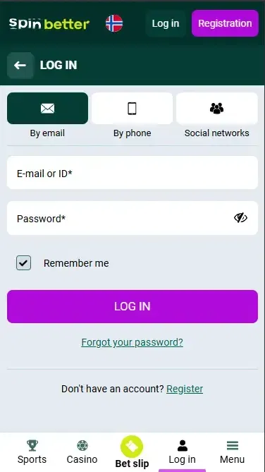 Spinbetter Norway Login via Email