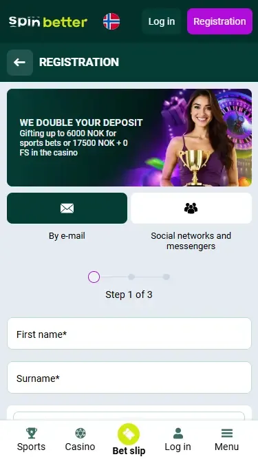 Spinbetter Registration with email in Norway