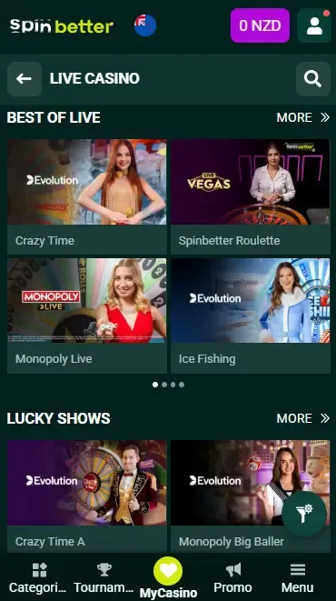 Spinbetter New Zealand: Live Casino