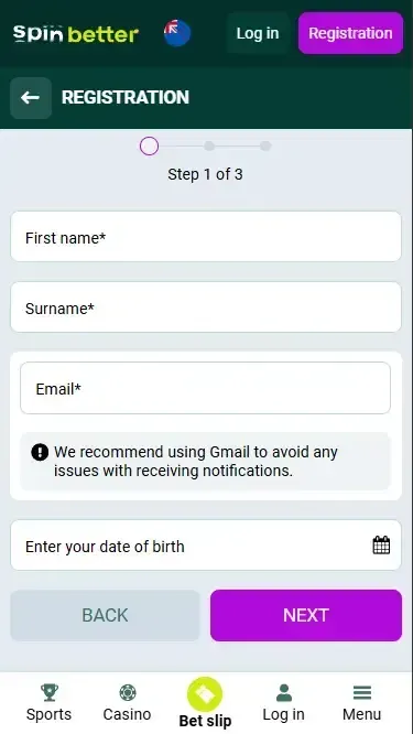 Spinbetter New Zealand: Registration via Email