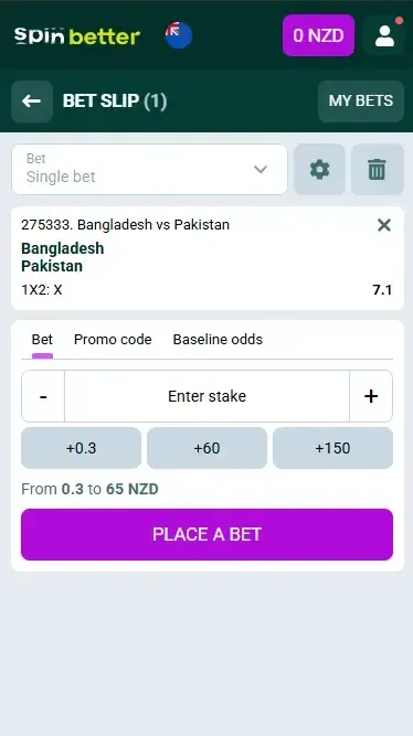 Spinbetter New Zealand: Cricket Bet Slip