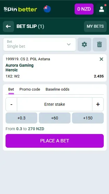 Spinbetter New Zealand: Esport Bet Slip