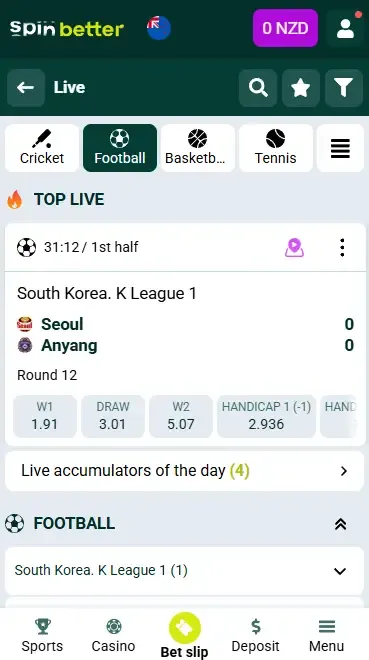 Spinbetter Live Betting