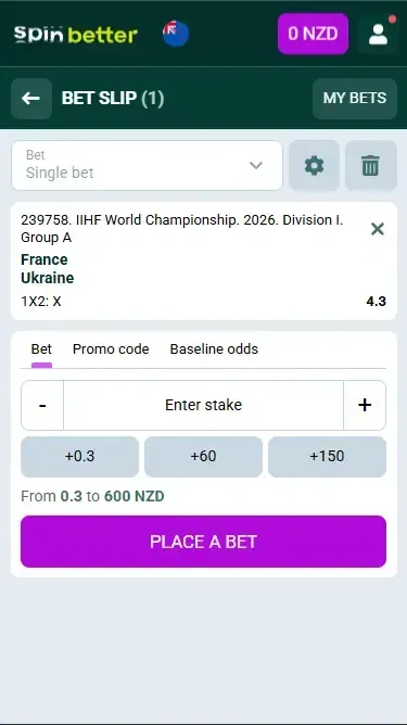 Spinbetter New Zealand Hockey Bet Slip