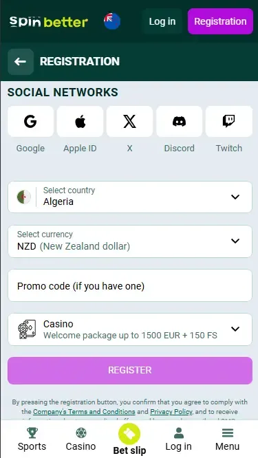 Spinbetter New Zealand Registration via Social Nets