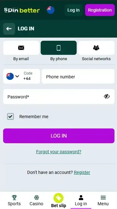 Spinbetter New Zealand Login via Phone Number