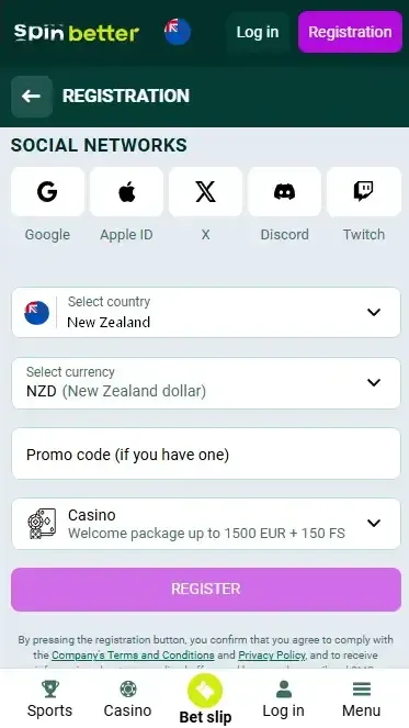 Spinbetter New Zealand Registration via Social Nets