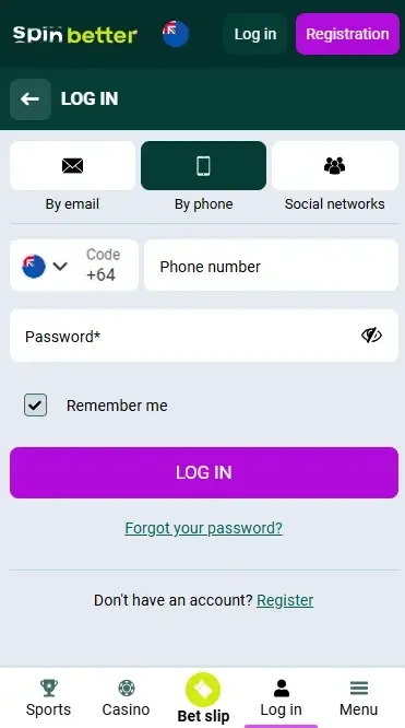 Spinbetter New Zealand Login via Phone Number