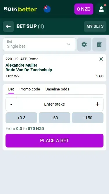 Spinbetter New Zealand Bet Slip