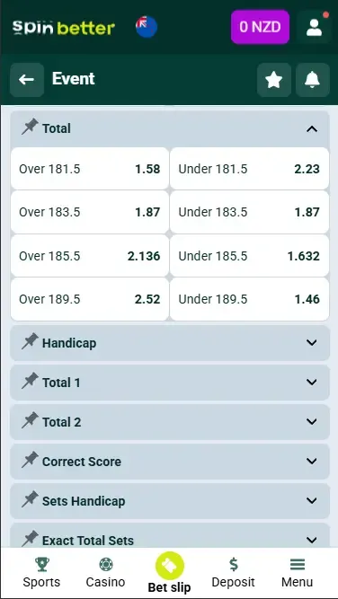 Spinbetter New Zealand Volleyball Totals and Handicap