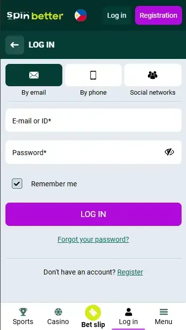 Spinbetter Philippines Login via Email