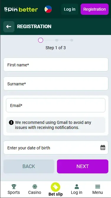 Spinbetter Philippines Registration via Email