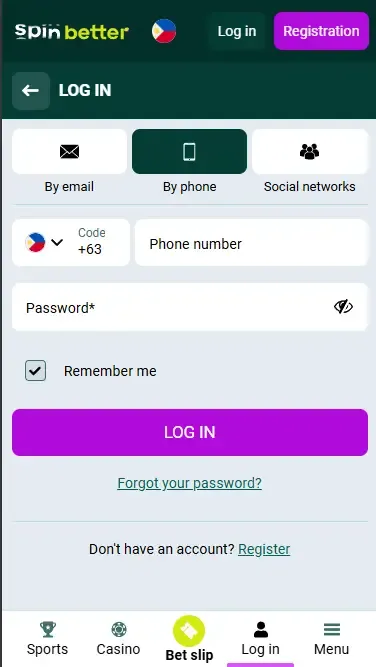 Spinbetter Philippines Login via Phone Number