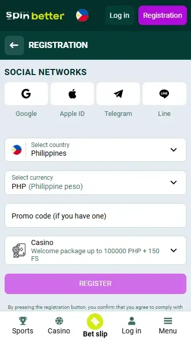 Spinbetter Philippines Registration via Social Nets