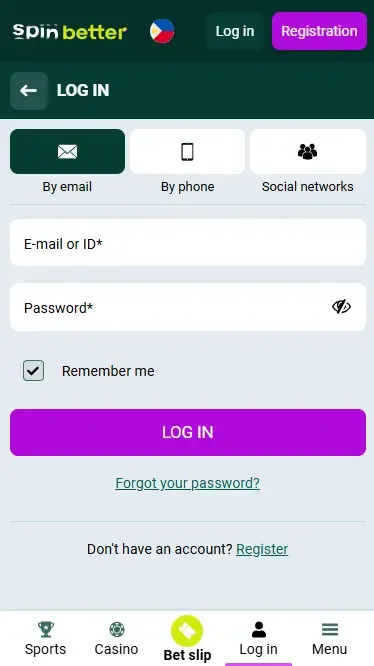 Spinbetter Philippines Login via Email