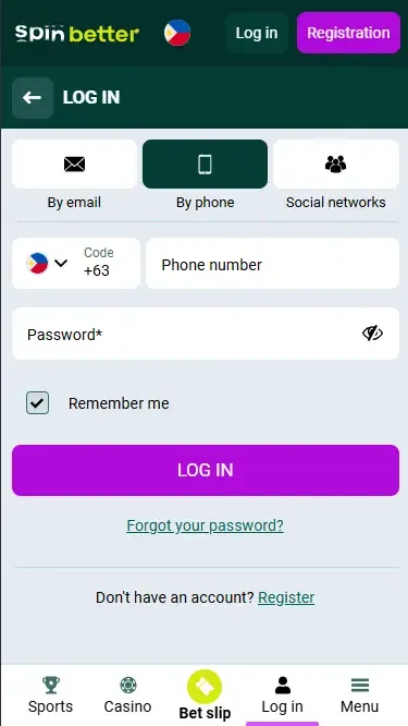 Spinbetter Philippines Login via Phone Number