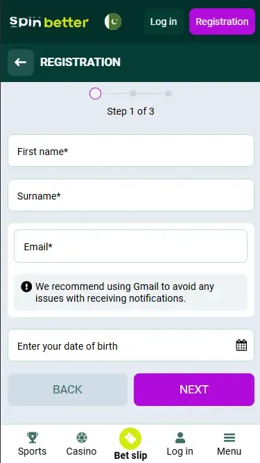 Spinbetter Pakistan Registration via Email