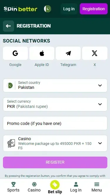 Spinbetter Pakistan Registration via Social Nets