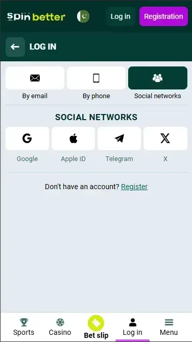 Spinbetter PK Login via Social Nets