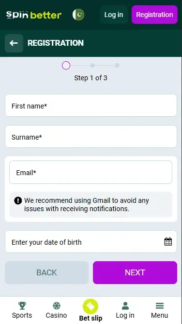 Spinbetter Pakistan: Registration via Email