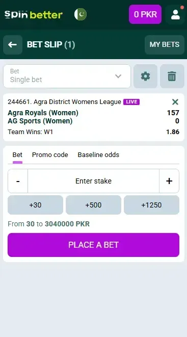 Spinbetter Pakistan: Cricket Bet Slip