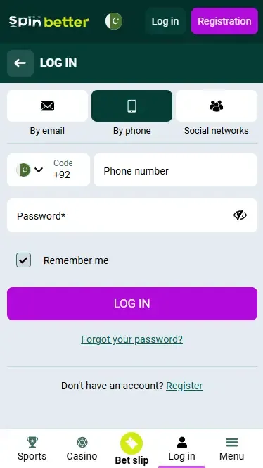 Spinbetter Pakistan Login via Phone Number